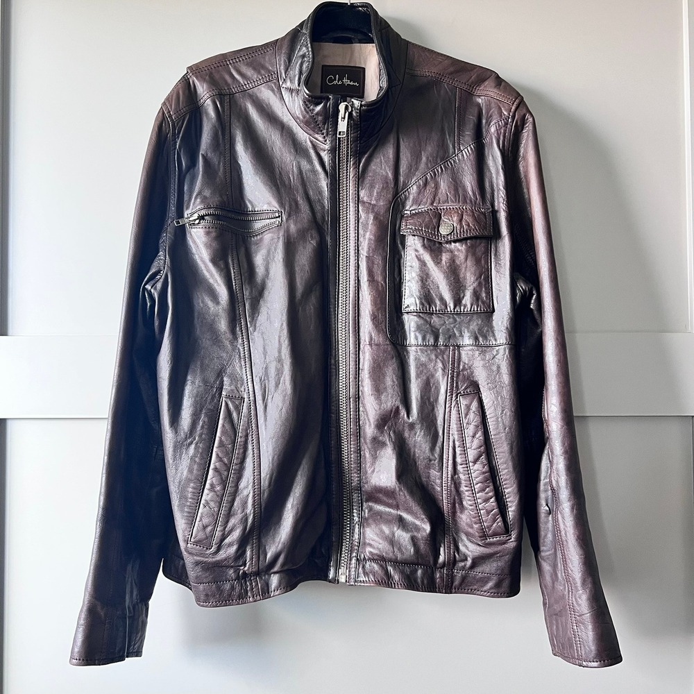 Cole Haan Lambskin‎ Leather Jacket Mens XL Brown Moto Racer Full Zip Cuffs Biker
